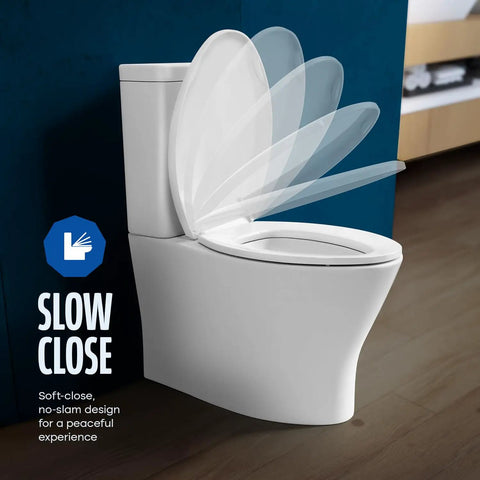 Top Tier White Plastic Elongated Toilet Seat Featuring Quick Release Hinges And Gentle Slow Close Design For No Fuss Setup On Standard Oval Bowls in use.