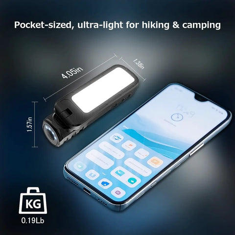 Rechargeable 5000 Lumen Magnetic Work Light With 180 Degree Swivel All Weather Design Long Life Battery next to phone