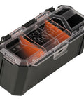 MODbox Parts Bin Rail Attachment with clear lid and black base, designed for modular tool storage system with one-handed release.