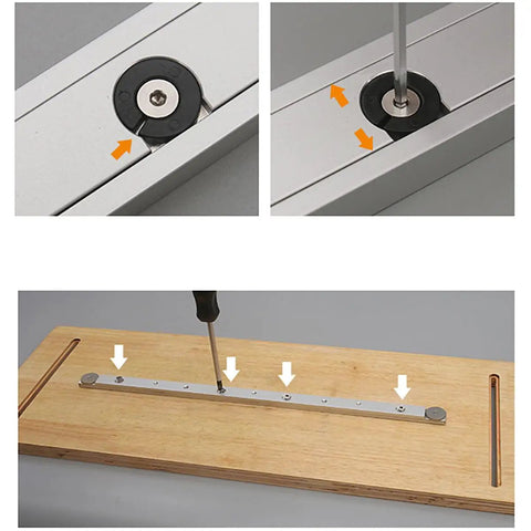 Built Tough Aluminum Miter Bar Clamp Tool Slider for Table Saws and Router Tables, showing installation on a wooden surface