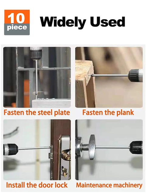 Collage showing uses of 10Pcs 1/4 Inch Hex Shank Long Magnetic Screwdriver Bits Set