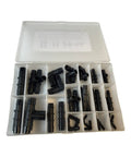 Assorted black plastic connectors organized in a transparent box with compartments for Silicone Heater Hose Five Eighths Inch ID Five Feet Long