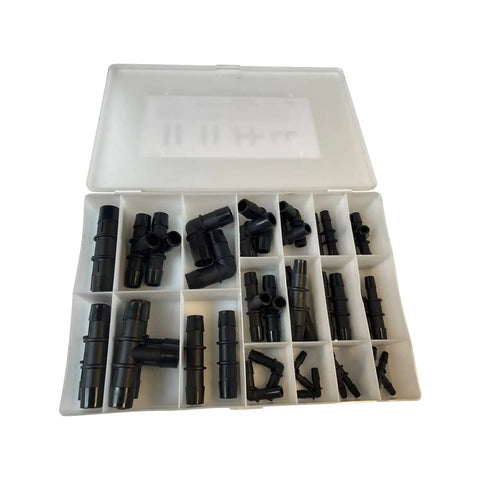 Assorted black plastic connectors organized in a transparent box with compartments for Silicone Heater Hose Five Eighths Inch ID Five Feet Long