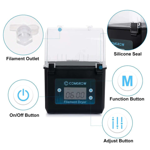 3D Printer Filament Dryer Box With Huge Storage For 1Kg Spools, Keeps Filaments Dry Through Prints, Compatible With 1.75mm And 2.85mm PLA ABS Silk Filaments, Filament Dehydrator With Spool Holder, front view with buttons and display