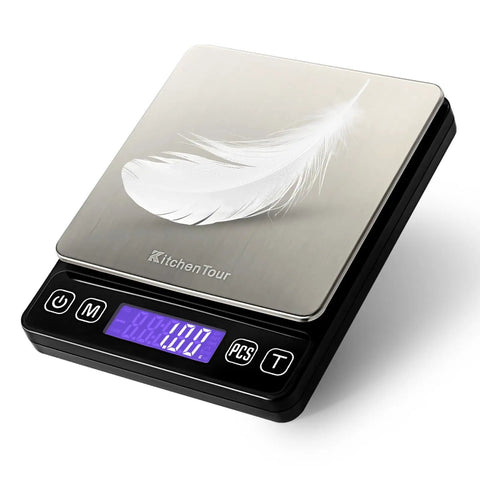 Pro Grade Digital Kitchen Scale 0.01g Resolution 500g Capacity With Backlit LCD Display showing feather weight