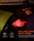 Person using HM70R Headlamp With 1600 Lumen USB C Rechargeable White Beam Plus Red Light And High CRI Neutral LED outdoors at night.