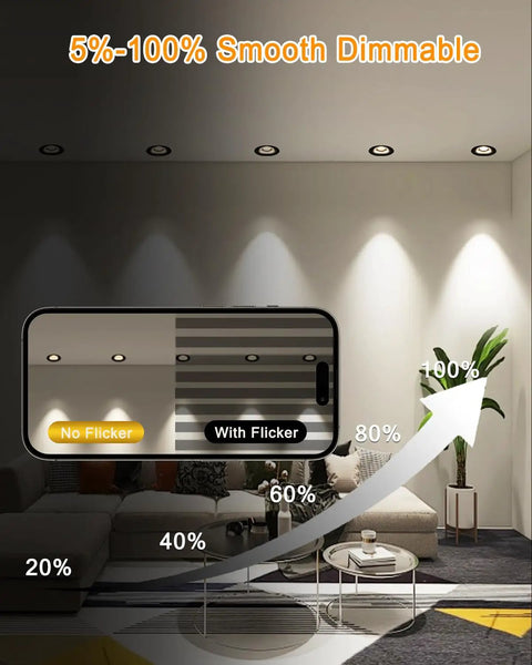 Illustration showing 5%-100% smooth dimming of Sublimation 3 inch 5CCT Anti-Glare Led Recessed Lights in a living room setting.