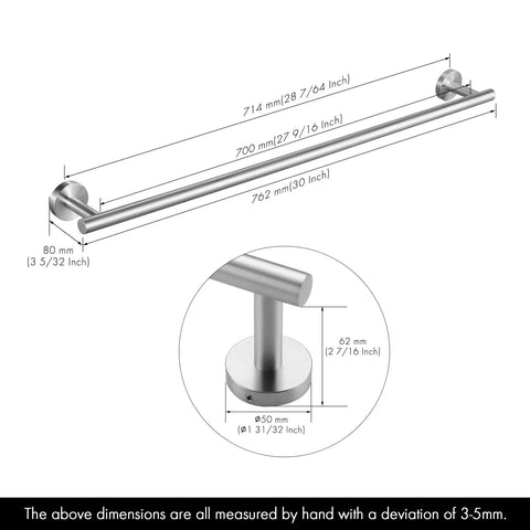 30 Inch Stainless Steel Towel Bar For Bathroom Wall Mount, SUS304 Rust Proof Brushed Finish with dimensions diagram