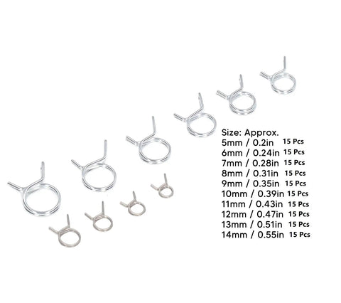 Beefy Spring Hose Clamp Kit 5 to 14mm Stainless Steel Double Wire Spring Clips assorted sizes, 150 Pcs displayed on table.