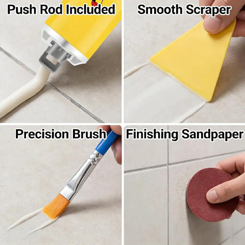 Easy No Fuss Tile Repair Kit For DIY Home Fixes, includes push rod, scraper, brush, sandpaper for ceramic stone tile repair.