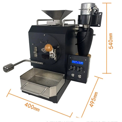 Heavy Duty Electric Coffee Roaster With Cooling Plate And Sampling Spoon 360 Degree Even Heating 600 Gram Batch For Peanuts And Soybeans in black steel.