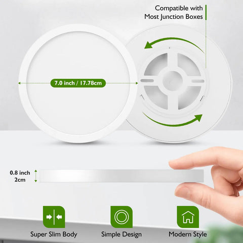 7 Inch Dimmable LED Flush Mount Ceiling Light 15W 1200LM 5000K Daylight White shown with measurements and slim profile