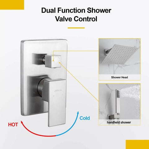 Diagram of a dual function shower valve control with images of shower head and handheld spray for Rain Shower System With Handheld Spray, 10 Inch Wall Mounted Luxury Showerhead Set In Brushed Gold, Valve And Trim Kit Included, High Performance Pressure Balancing Valve For Strong Flow Even At Low Water Pressure.