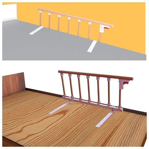 Adjustable Bedside Safety Rail For Seniors And Adults With Folding Metal Handrail In Yellow Wood Grain Finish on bed
