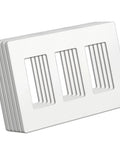 Five Pack Matte White 3-Gang Screwless Wall Plate Cover for Light Switches Dimmers USB GFCI Receptacles Decor Outlet Cover with Easy Pry Slot Removal H4.69 x W6.54 Inches Modern Interior Upgrade displayed in stacked arrangement.