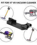 Front view of black wall-mount docking station for Dyson V7/V8 cordless vacuum; holds wand and attachments