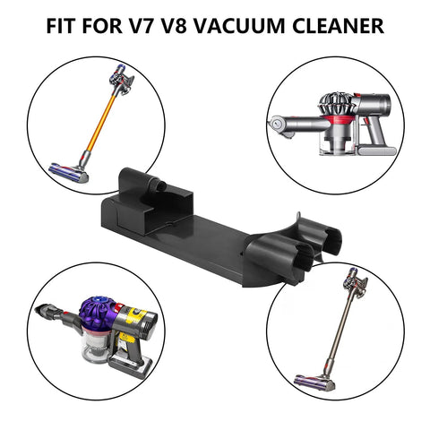 Front view of black wall-mount docking station for Dyson V7/V8 cordless vacuum; holds wand and attachments