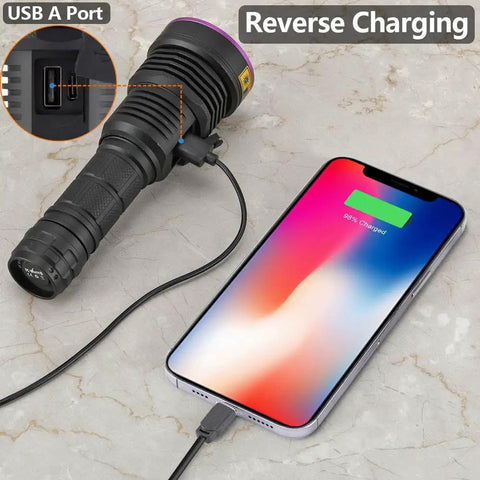Ultra Bright 365nm UV Flashlight 36W USB C Rechargeable Black Light with reverse charging feature, charging a smartphone