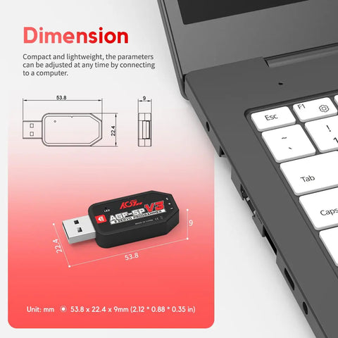 USB Servo Programmer Adapter Easy Peasy Setup Configurable Motor Controller With Windows Compatibility No Sweat Wiring For Rc Drone Hobby Rig shown next to laptop with dimensions.