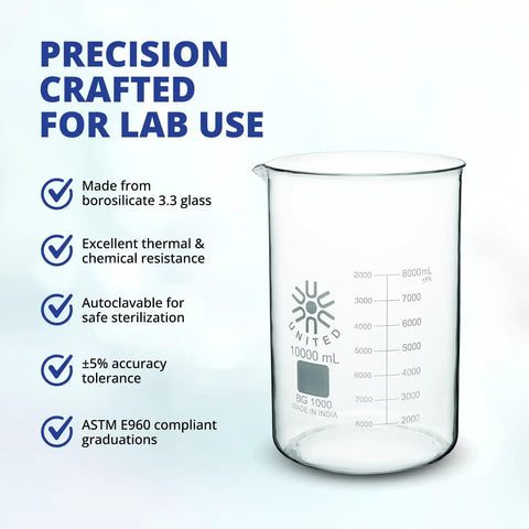 Large laboratory beaker with 1000 mL scale, borosilicate glass, and ASTM E960 compliance marks for precise lab use.