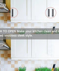 Before and after installing self closing push to open door latch cabinet hardware, no knobs, showing clean cabinet front.