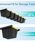 6-Bin Overhead Garage Storage Rack With Heavy-Duty Ceiling Tote Rails showing universal fit for storage totes and 600 lb capacity