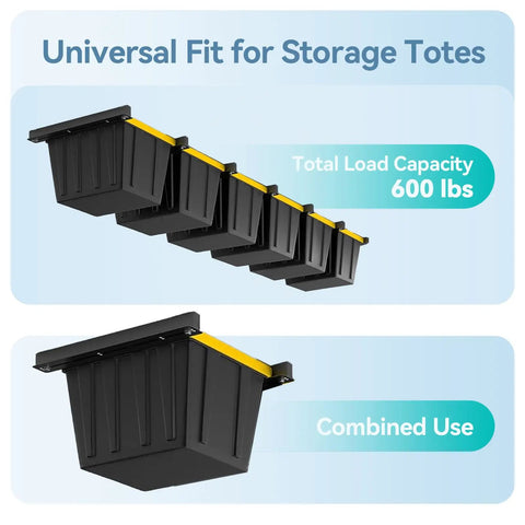 6-Bin Overhead Garage Storage Rack With Heavy-Duty Ceiling Tote Rails showing universal fit for storage totes and 600 lb capacity