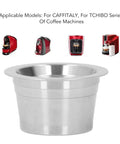 Sleek Stainless Steel Reusable Coffee Capsules With Dual Mesh Screens, refillable pod for single cup brewers.
