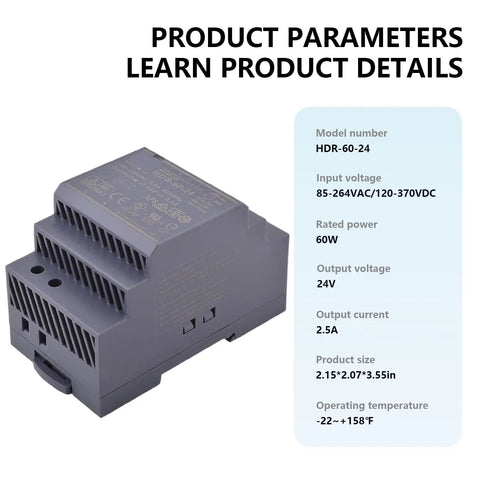 Ultra Compact 24V 2.5A 60W Industrial DIN Rail Power Supply with detailed parameters displayed on packaging