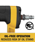 Image of 23 Gauge Pin Nailer for Finishing and Trim highlighting oil-free operation and reducing oil stain risk.