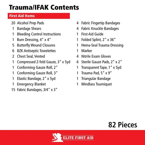 List of contents for MOLLE Compatible 82 Piece IFAK Trauma Kit With Tourniquet For Car Home Camping And Travel Emergency Supplies