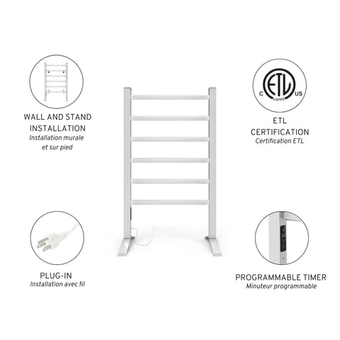 Towel Warmer With Built In Timer And LED Indicators No Fuss Auto Shutoff After 1 To 8 Hours Quiet Fast Heating Temperature Adjustable From 30 To 60 C Freestanding Aluminum Unit With 6 Bars, showing installation options and certifications.