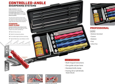 Pro Grade Knife Sharpening System With Coarse Medium Ultra Fine And Serrated Medium Hones Flip Over Knife Clamp in open case