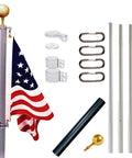 Defender Inground Flag Pole Kit Built Tough For Outdoors With Winds Up To 130 MPH Dual Flag Pole Holder Ground Sleeve And Hardware 21 Feet Made In USA Perfect For Home Camper Or Beach Setup, shown with American flag and assembly components