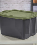 Roomy 17.5 Gallon Plastic Storage Bin With Secure Stackable Lid And Opaque Base, Full Grip Handles, Big Time Storage Container For Duds Bedding Dorm Gear And Zero Hassle Organization, gray plastic bin with green lid
