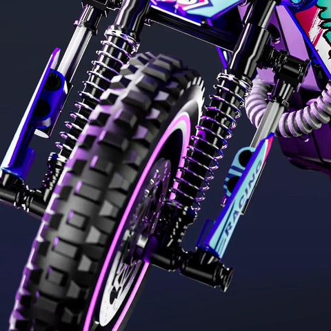 Close-up of wheel and shocks on Motorcycle Building Block Set With 476 Pieces, Epic Collectible Display Model, Realistic Bike Brick Kit