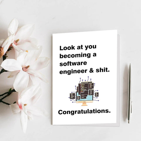 Funny Software Engineer Graduation Card For Computer Science Grads, white card with computer graphic, 300gsm recycled stock.