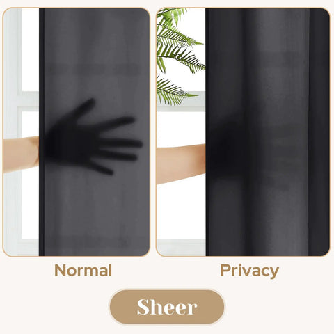 Comparison showing light filtering of Black Halloween Privacy Curtains Two Panels 52 By 72 Inches Light Filtering Window Drapes