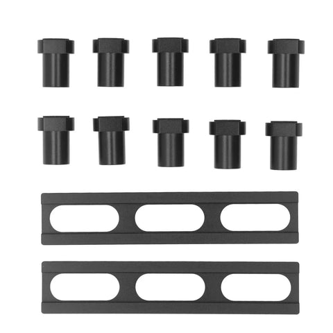 Dead Nuts Heavy Duty Aluminum Woodworking Planing Stop Set For Mft Workbench featuring black clamps and holders in a compact layout.