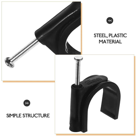 Close-up of 100 Piece 25mm Round Plastic Tube Clamps With Steel Nails Black Heavy Duty Half Clamp Fixtures For Pipe Support And Tubing Fastening