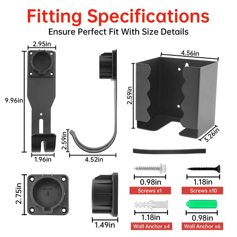 Components of EV Charger Wall Mount Kit With J Hook Cable Holder For SAE J1772 Connectors with size specifications.