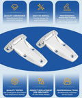Rock Solid Heavy Duty Chrome Hinge 2 Pack Zinc Alloy RV Door Hardware For Class A Travel Trailers And Fifth Wheels Built Tough For BBQ Grills Smokers And Coolers. Chrome hinges displayed on blue background.