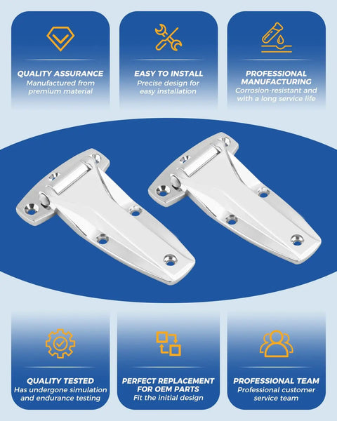 Rock Solid Heavy Duty Chrome Hinge 2 Pack Zinc Alloy RV Door Hardware For Class A Travel Trailers And Fifth Wheels Built Tough For BBQ Grills Smokers And Coolers. Chrome hinges displayed on blue background.