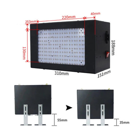 Heavy Duty Badass 5000W Led Uv Curing Lamp 365Nm Black Light Ultraviolet Dryer dimensions with adjustable stand detail.