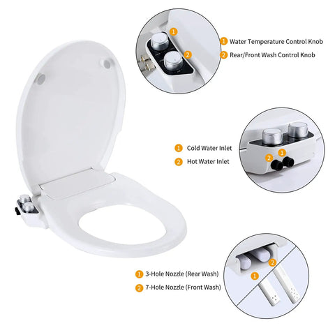 Dual Nozzle Manual Bidet Seat For Round Toilets, Non Electric, showing self-cleaning nozzles and control knobs for front and rear wash.