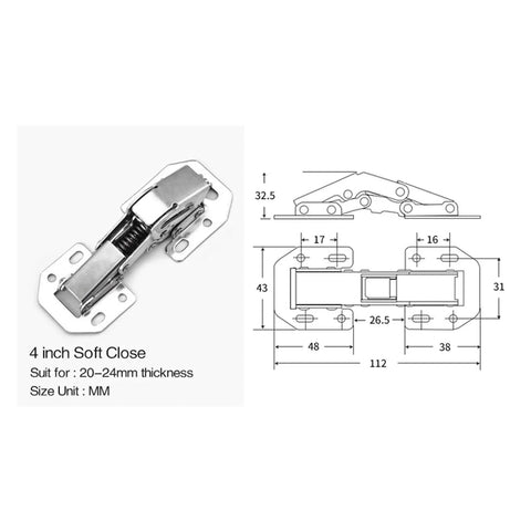 Soft Close 4 Inch Cabinet Hinges With Screws 90 Degree Hydraulic Easy Install No Drilling Required, shown with dimensions