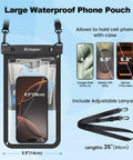 Large IPX8 Waterproof Phone Pouch 2 Pack Up To 10 Inch Case For iPhone 17 16 15 Pro Max And Galaxy S26 Ultra, with adjustable lanyard.