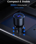 130W USB C Car Charger For iPhone And Galaxy, multi device Type C adapter inserted in car socket with charging indicators