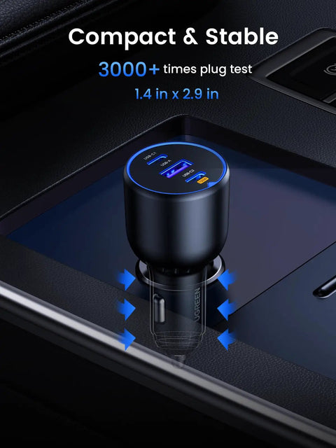 130W USB C Car Charger For iPhone And Galaxy, multi device Type C adapter inserted in car socket with charging indicators