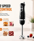 Hella Smooth Corded Immersion Blender With Two Knockout Speeds And A Beefy Copper Motor For Effortless Soup Puree Sauce Blending Paired With Stainless Steel Blades For Zero Fuss Kitchen Prep Magic showing 2-speed control with black finish.